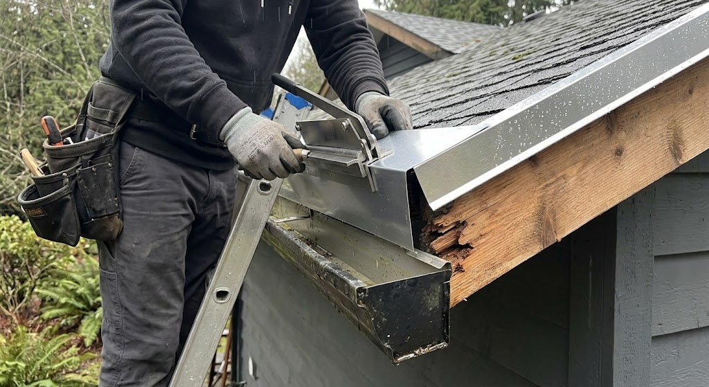 professional installing metal capping on fascia board to fix gutter sag and rot in bc
