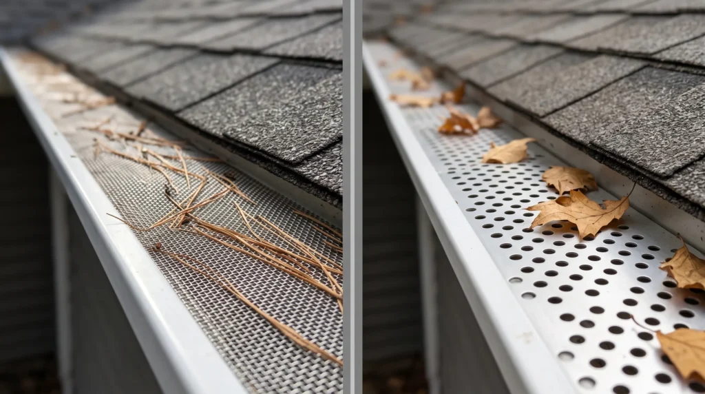 Comparison of stainless steel micro-mesh and perforated aluminum gutter guards installed on asphalt roof in Surrey BC