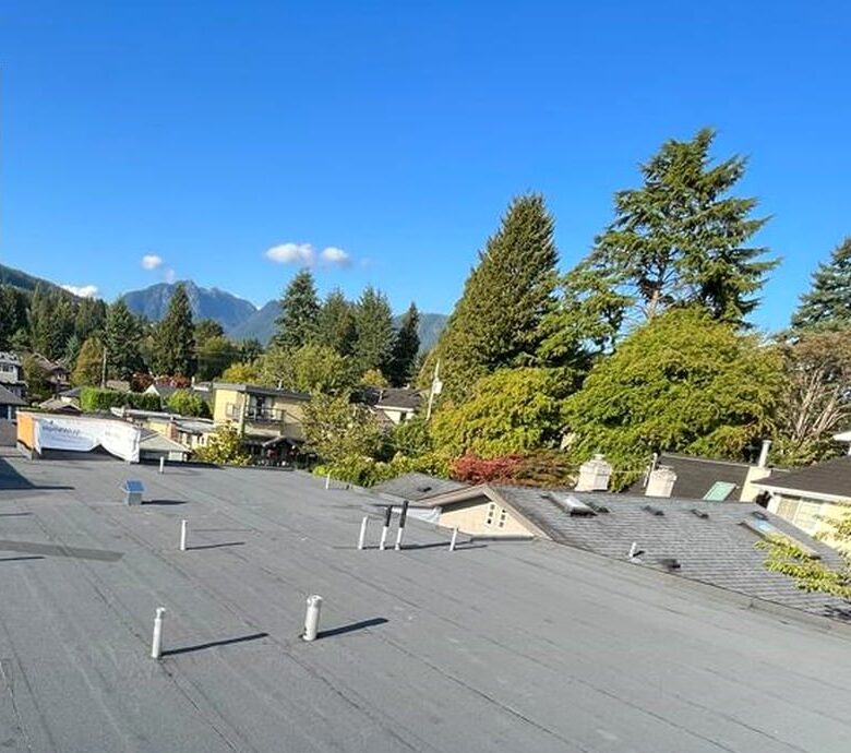 Flat roof maintenance in BC: torch-on flat roof with vents, evergreen trees and mountains in the background