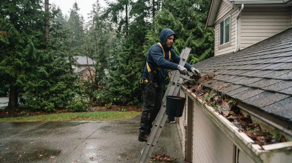 Professional gutter cleaner on a ladder clearing fir needles from a two-storey home in Surrey BC